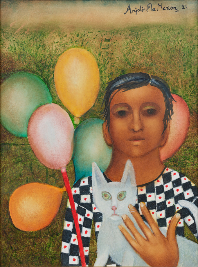 Anjolie Ela Menon painting of a boy holding a cat with balloons