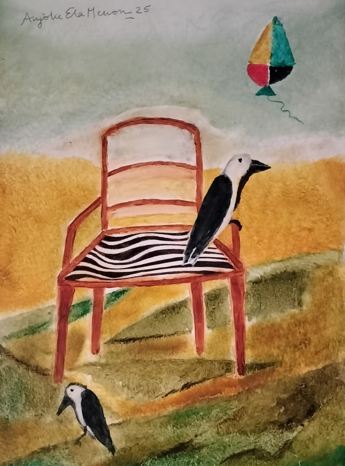 A pastel tone of drawing of a chair, 2 birds in green, brown and grey color of background