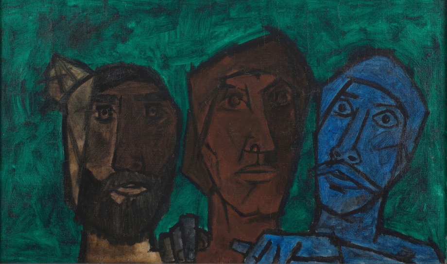 M. F. Husain,&nbsp;Untitled (Three Heads - Green), 1957, Oil on canvas, 19.75 x 33 in
