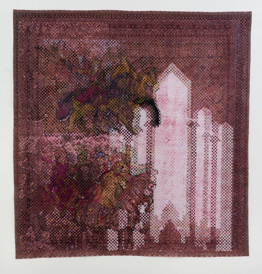 Woven paper artwork reminiscent of an oriental rug - with gem-like windows