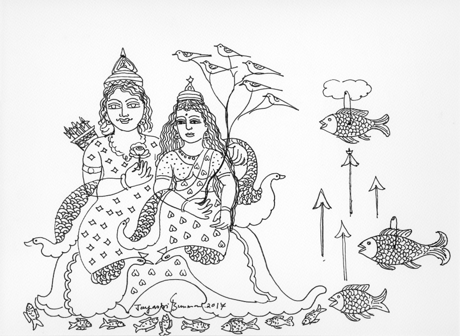 Jayasri Burman, From the Draupadi Series 11,&nbsp;2017,&nbsp;Pen and ink on paper,&nbsp;11 x 15.5 in