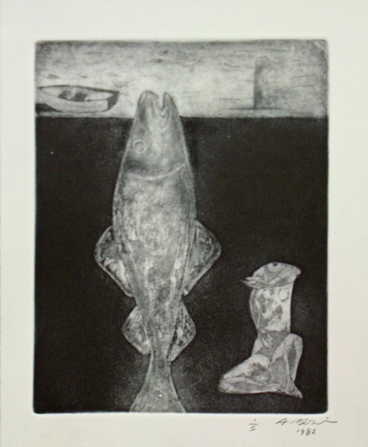 Ahmed Morsi, Untitled (Figure with Fish),&nbsp;1982,&nbsp;Etching on zinc plates &amp;amp; aquatint,&nbsp;10 x 7.75 in