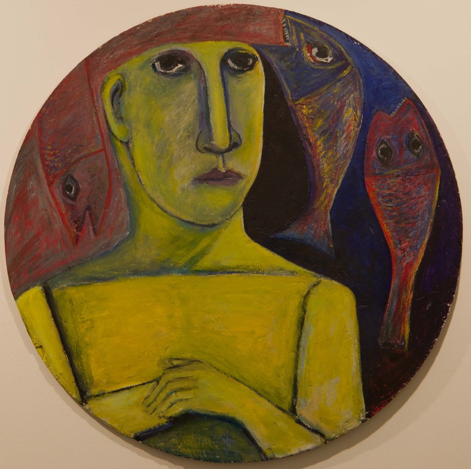 Ahmed Morsi, Untitled (Man and Two Fish),&nbsp;n/d, Acrylic on wood,&nbsp;36 x 36 in