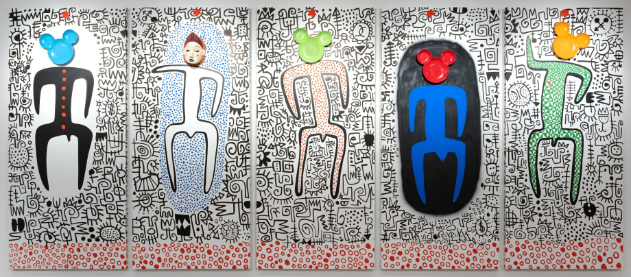 Victor Ekpuk, Mickey On Broadway, 2014,&nbsp;Found objects on wood panels, 5 panels, 84 x 36 in each (213.4 x 91.4 cm each), EKPVI003
