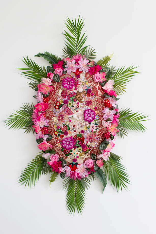 Max Colby, Elegy 1, 2019,&nbsp;Crystal and plastic beads, sequin patches, found fabric, trim, fabric flowers, magnets, polyester batting, Baltic birch plywood, thread,&nbsp;62 x 45 x 5 in (157.48 x 114.3 x 12.7 cm)