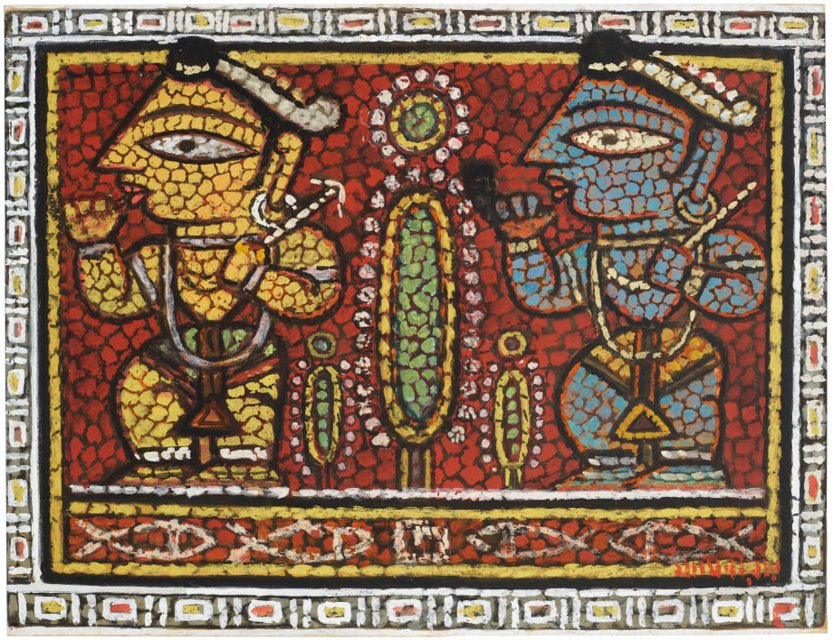 Jamini Roy,&nbsp;Untitled (Krishna and Balarama), n/d, Tempera on card, 23.625 x 30.75 in