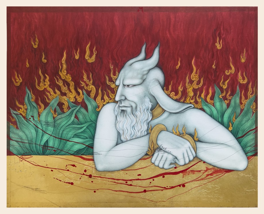 Painting of a demon in front of burning vegetation