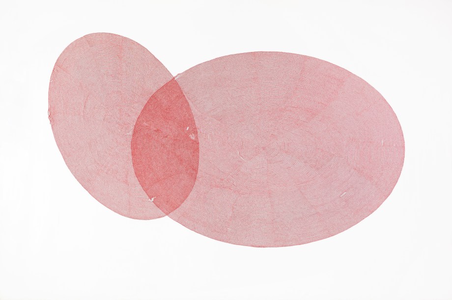 Abstract painting of red circles on white background