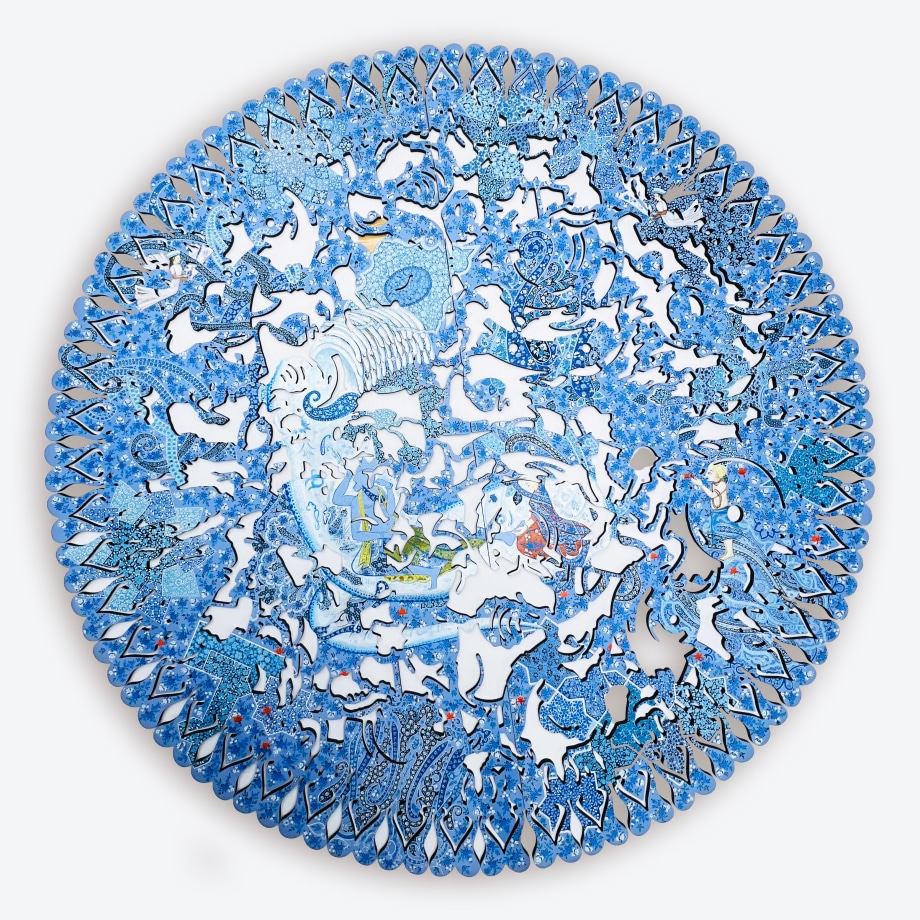 blue tone of the hand paintings of flower and mythical figures on the circular shape of MDF wood