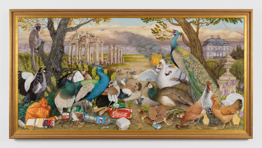 Fantastical landscape painting with a menagerie of birds and contemporary detritus