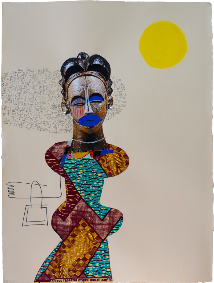 Victor Ekpuk,&nbsp;Lady in Sunday Dress, 2022, Acrylic and collage on paper, 23 x 19 in (58.42 x 48.26 cm)