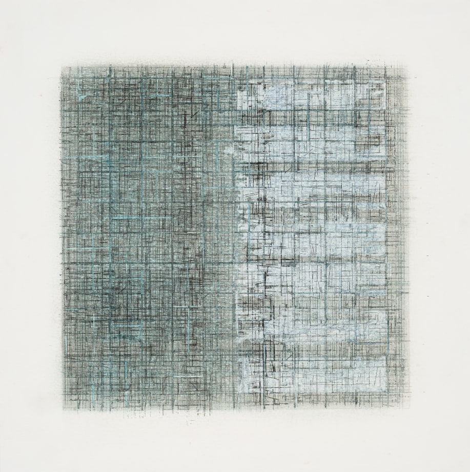 Abstract color filled painting in tones of black, light grey and blue with the black and blue grid lines