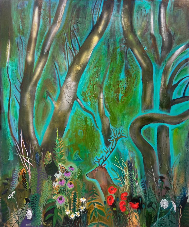 Fantastical landscape inspired by the Greek Goddess Diana and woodland creatures