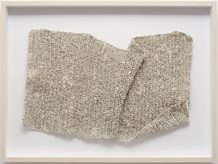 Youdhisthir Maharjan,&nbsp;No Women&#039;s Land, 2019,&nbsp;Crocheted strips of reclaimed book pages, 32.5 x 20 in