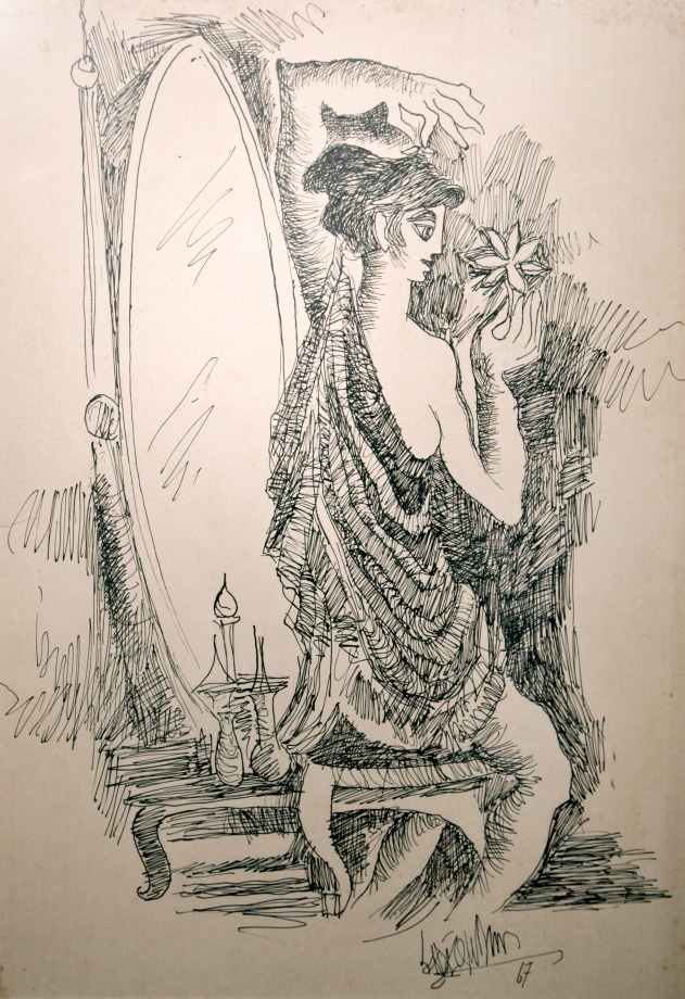 Sadequain,&nbsp;Untitled (Woman with Lotus and Mirror),&nbsp;1967,&nbsp;Ink on paper,&nbsp;28.5 x 20 in