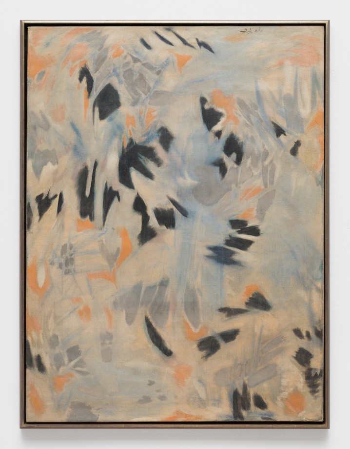 Abstract floral painting in blue, grey and orange