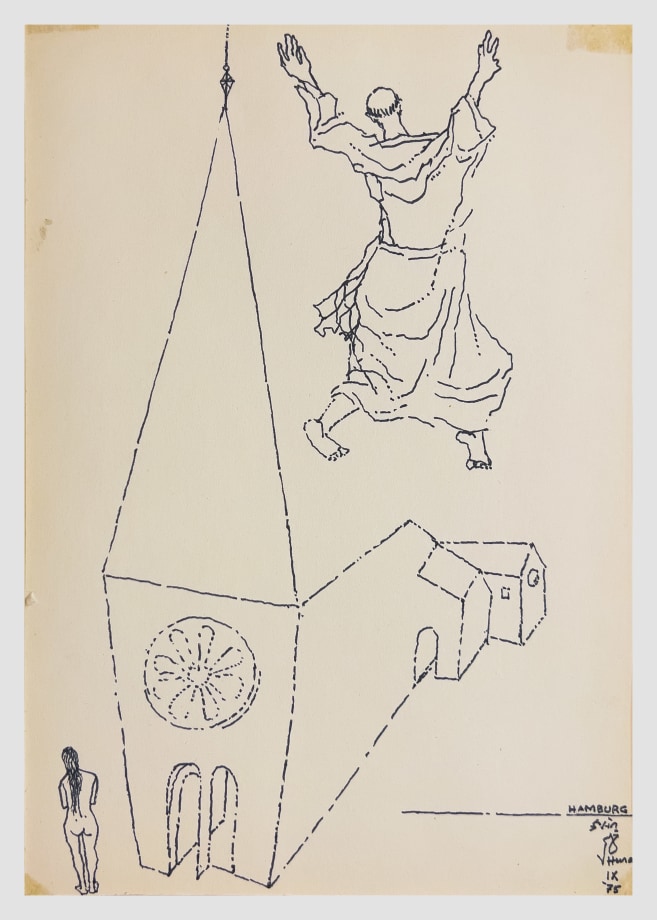 Maqbool Fida Husain,&nbsp;Hamburg, 1975, Ink on paper, 9 &frac12; x 6 ⅝ in (24.1 x 16.8 cm), HUSMF132