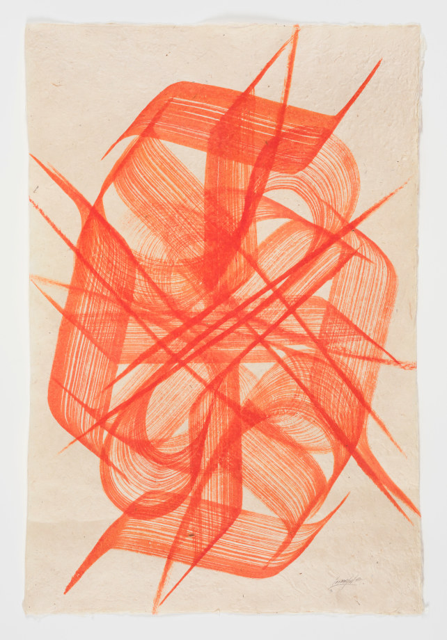 Orange colored of figurative swirl shapes with multiple strokes filled the beige tone of background paper