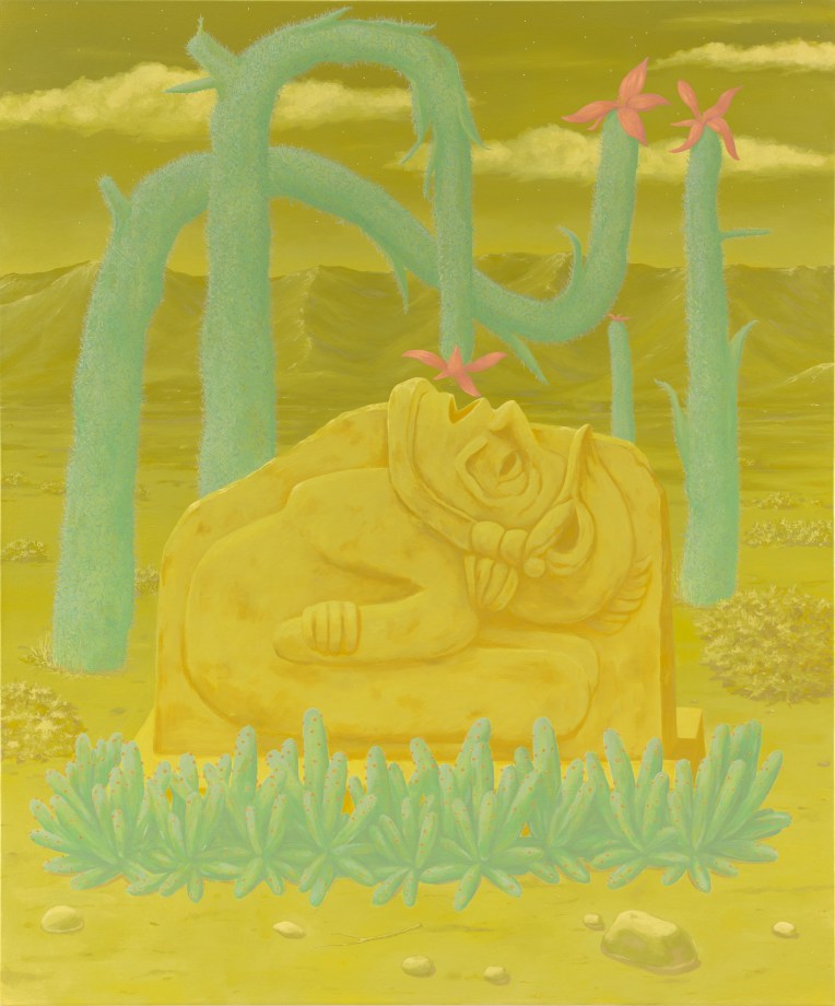 Large Aztec like sculpture in an imagined landscape in green and yellow tones
