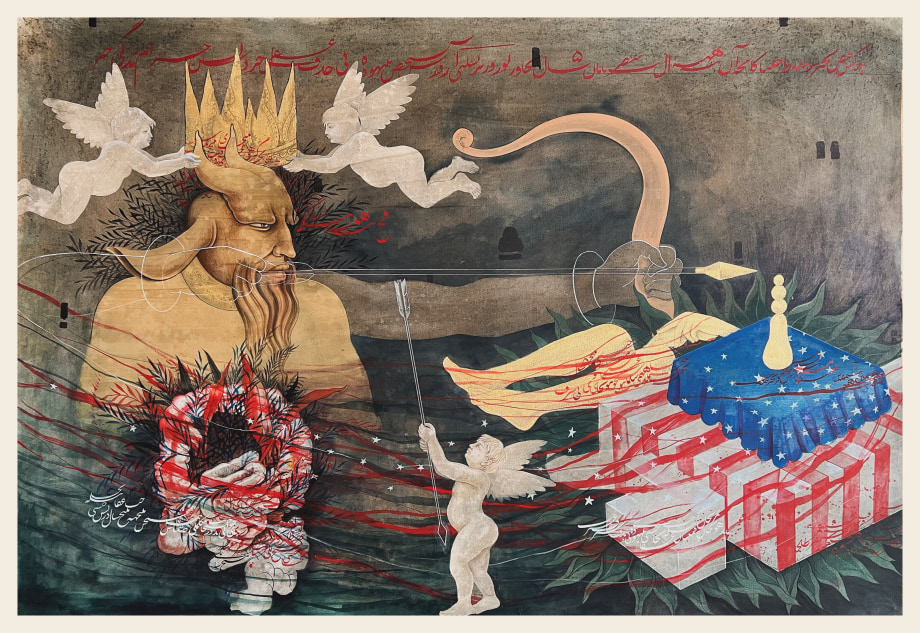Khadim Ali, Birth of Demons 2, 2024,&nbsp;Gouache and gold leaf on handmade paper,&nbsp;38 x 55.13 in (96.5 x 140 cm), KHAAL014