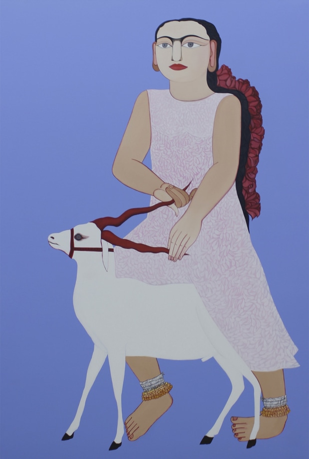 Rekha Rodwittiya, From The Series: Love Done Right Can Change The World&nbsp;(Blue),&nbsp;2015,&nbsp;Oil and acrylic on canvas, 72 x 48 in