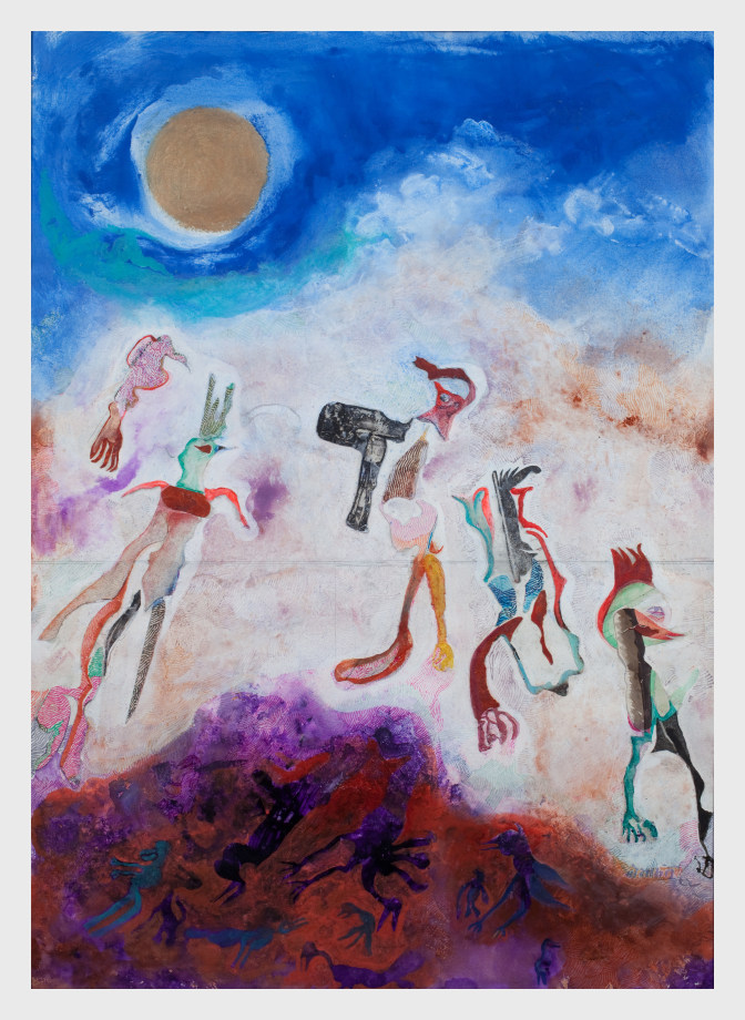 painting of human/bird figures on an abstract landscape
