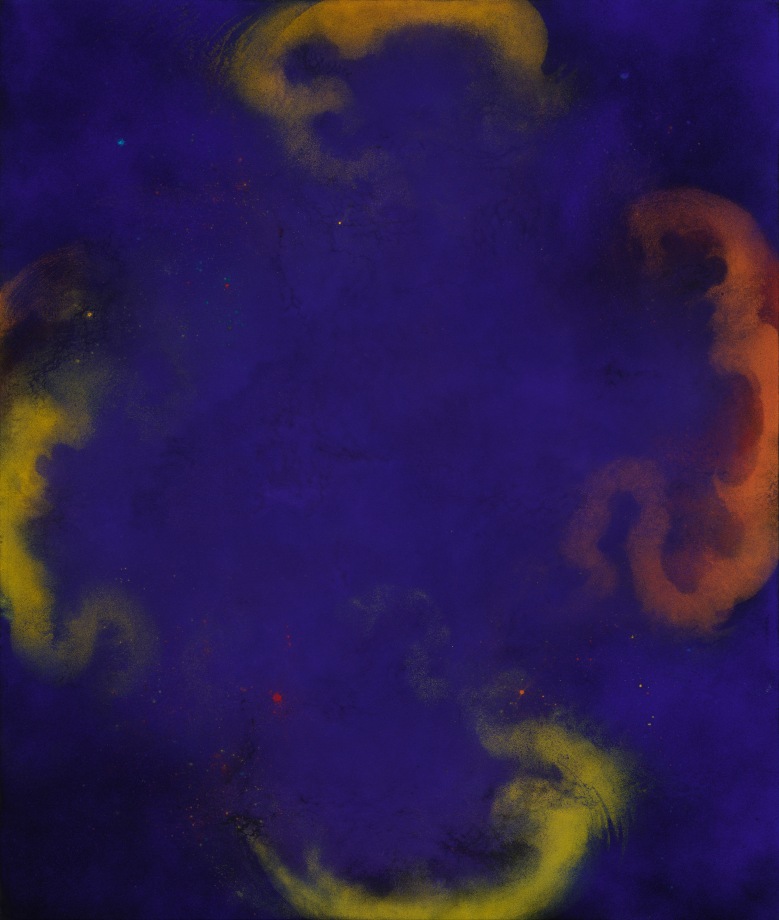Abstract acrylic painting that evokes outer space
