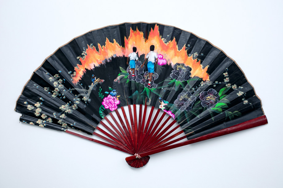 Suchitra Mattai,&nbsp;Mesmerized by your love, 2021, Gouach and appliques on vintage fan, 36 x 61 in