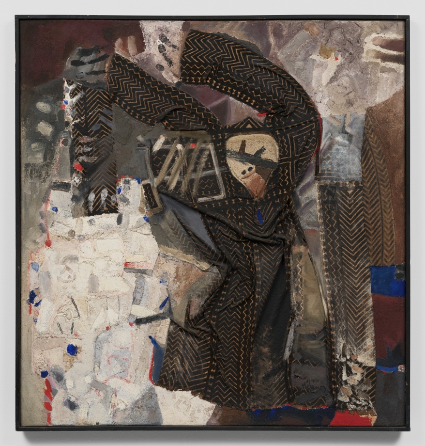 Abstract background with a collaged figure in the foreground wearing a tunic