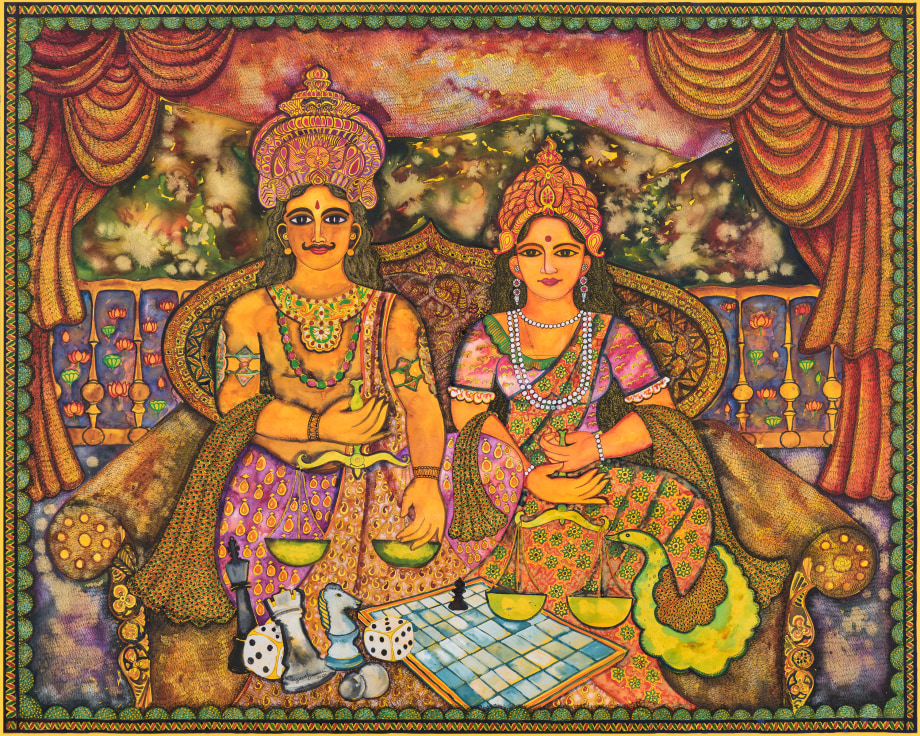 Jayasri Burman, Draupadi and Yudhistir,&nbsp; 2017,&nbsp;Watercolor, pen and ink on paper, 48 x 60 in