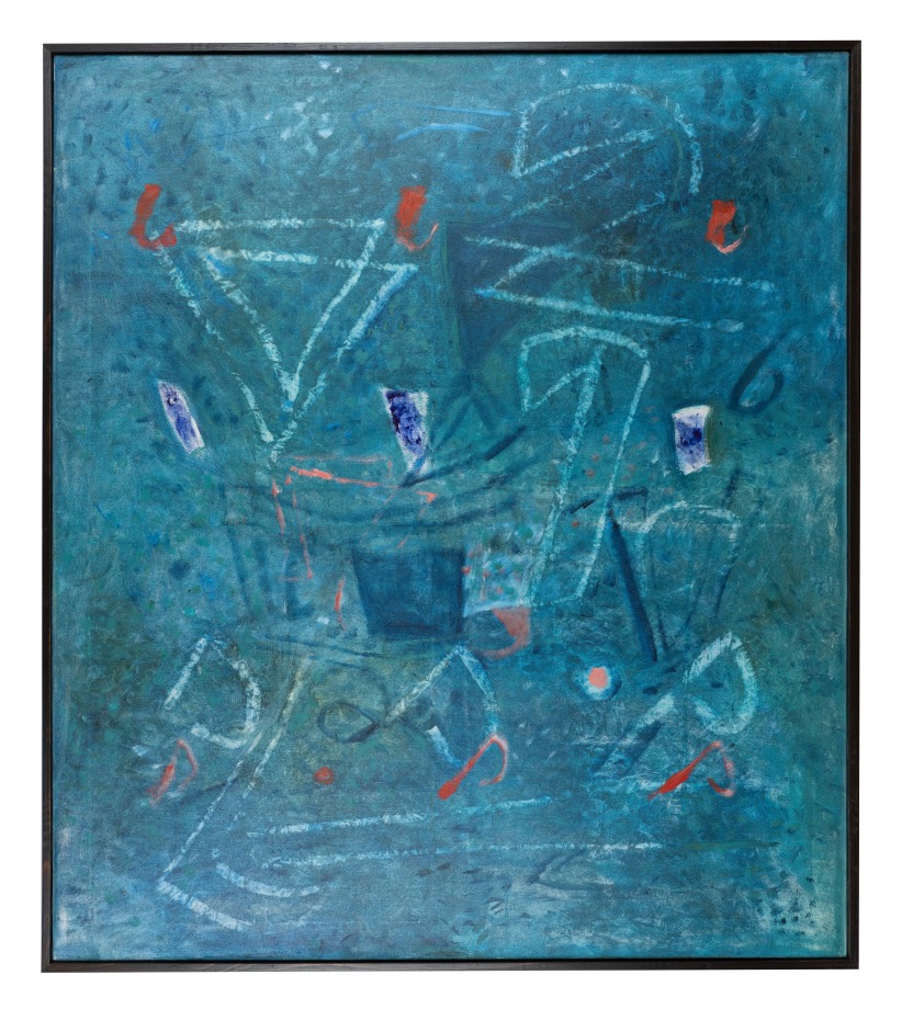 Abstract painting with blue background and complimenting shapes and colours overtop.