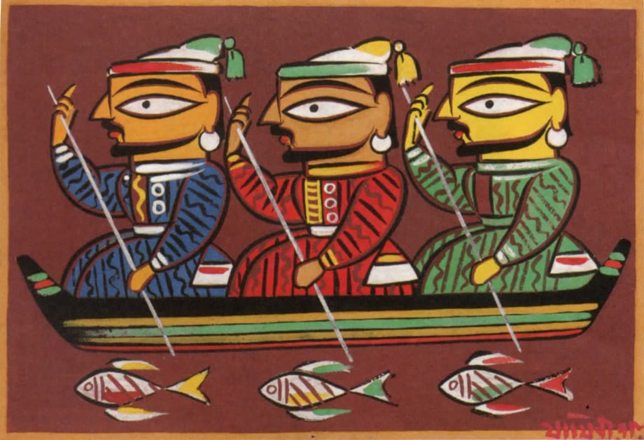Jamini Roy,&nbsp;Untitled (Three Boatmen),&nbsp;Gouache on card, 13.5 x 20 in