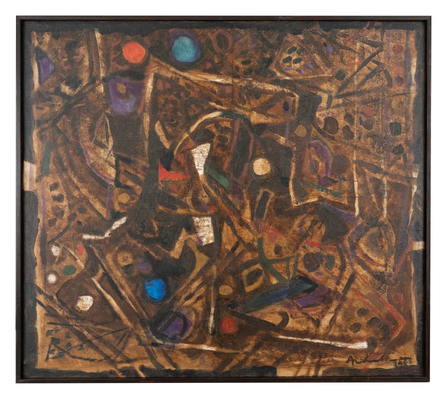 Abstract painting with brown back ground and complimenting shapes and colours overtop.