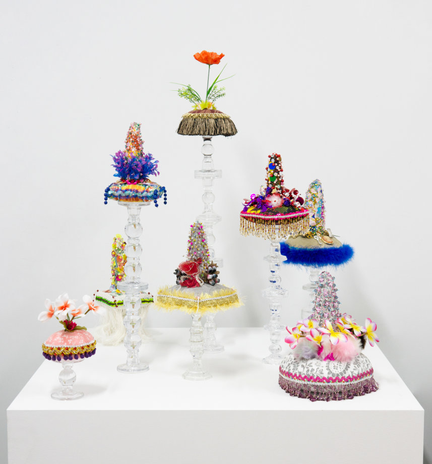 Max Colby, They Consume Each Other (#1), 2019-21,&nbsp;Crystal and plastic beads and sequins, found fabric, trim, fabric flowers, ribbon, costume jewelry, polyester batting, thread, glass stands, custom pedestal,&nbsp;66 x 40 x 40 in (167.64 x 101.6 x 101.6 cm), &nbsp;