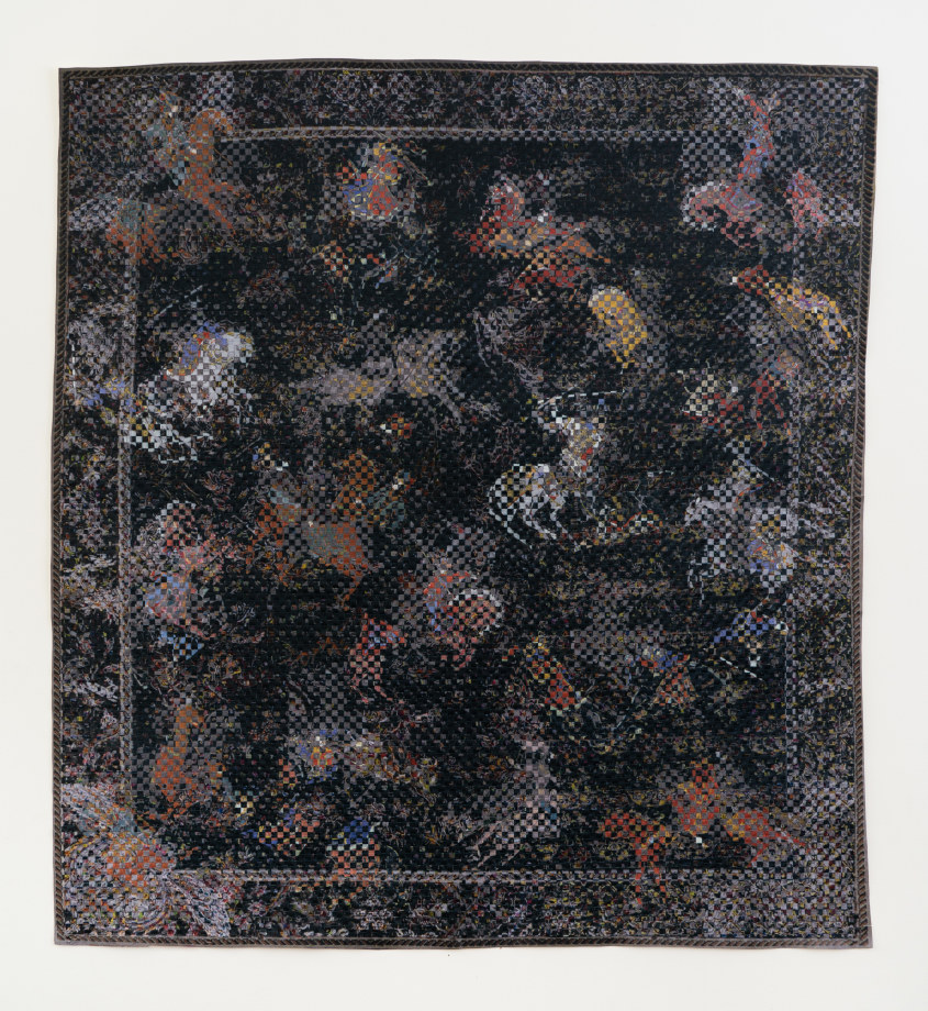 Woven paper artwork reminiscent of an oriental rug depicting a battle scene