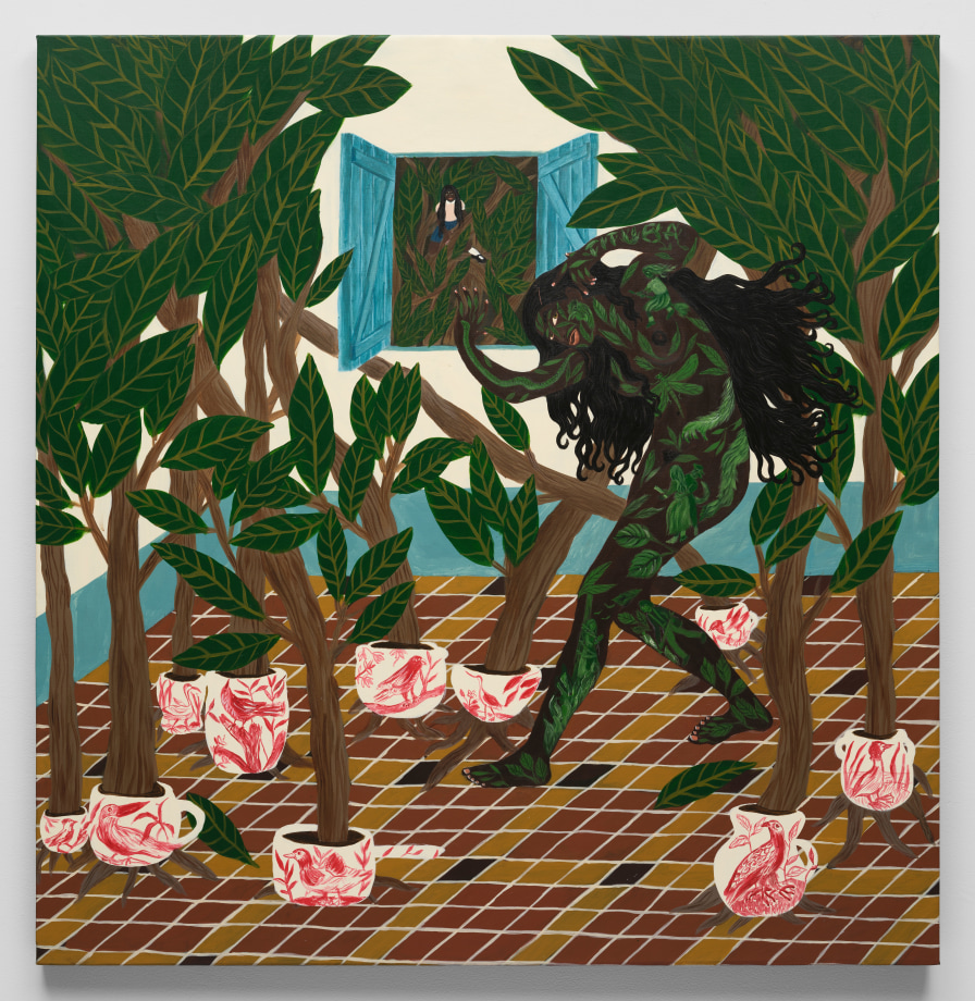 Nude woman dancing in an interior space surrounded by plants