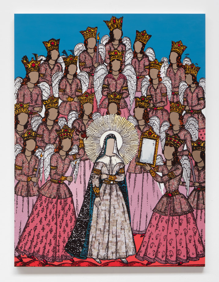 Twenty angels in pink dresses surrounding virgin Mary