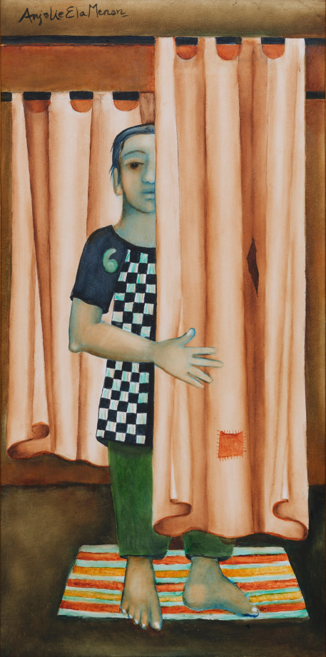 Boy poking the right side of his body out from behind a striped curtain