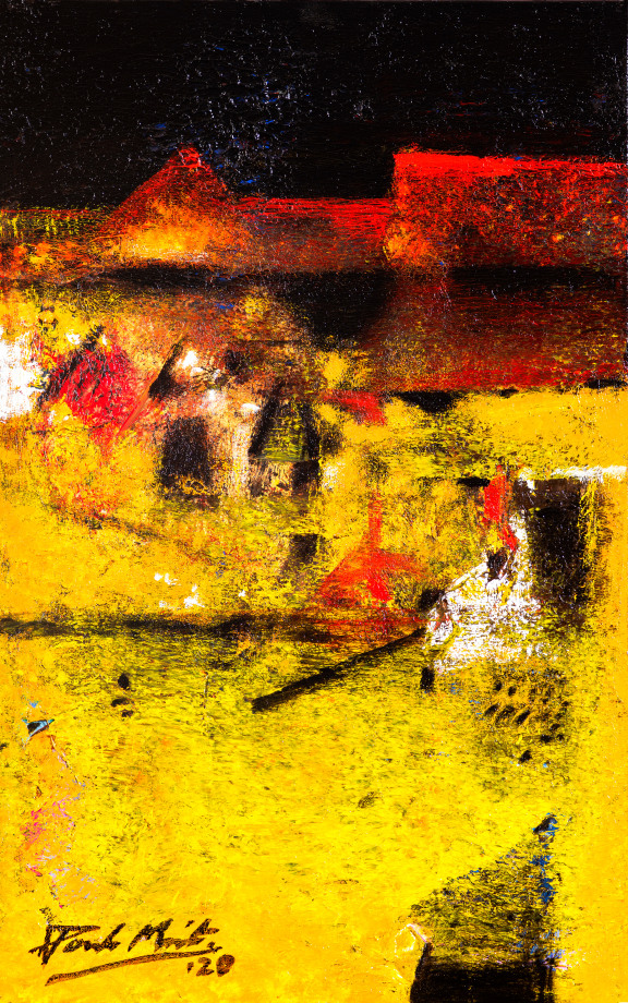 Abstract Painting with yellow, red, white and black