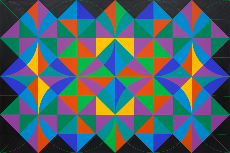Bright geometric acrylic painting with black border