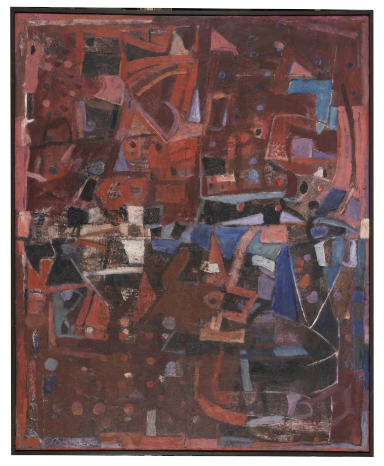 abstract composition in tones of red, brown and blue