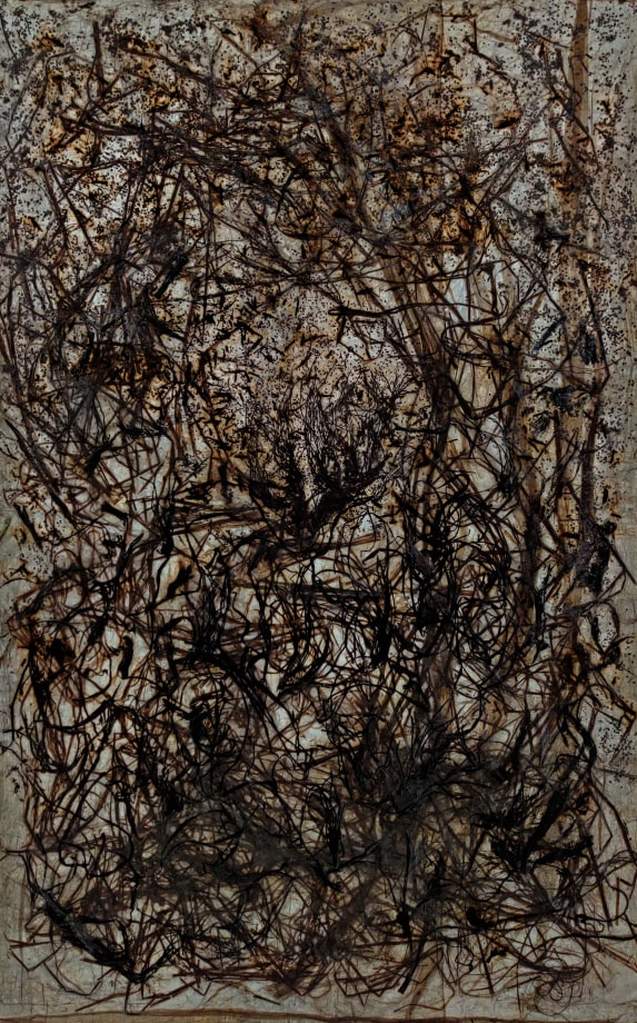 Jayashree Chakravarty,&nbsp;Scattered foliage,&nbsp;2020,&nbsp;Dry straw, roots, jute, seeds, tea leaves, tea stain, acrylic paint, cotton fabric, nepali paper, thin tissue paper, synthetic glue,&nbsp;73.75 x 48.5 in