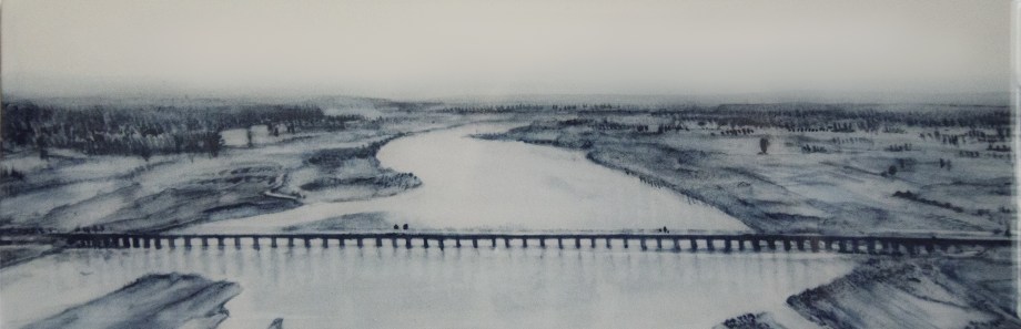 Saba Qizilbash,&nbsp;New Bridge Over Ravi\,&nbsp;2020,&nbsp;Soluble graphite and resin on paper mounted on wood, 4 x 12 in
