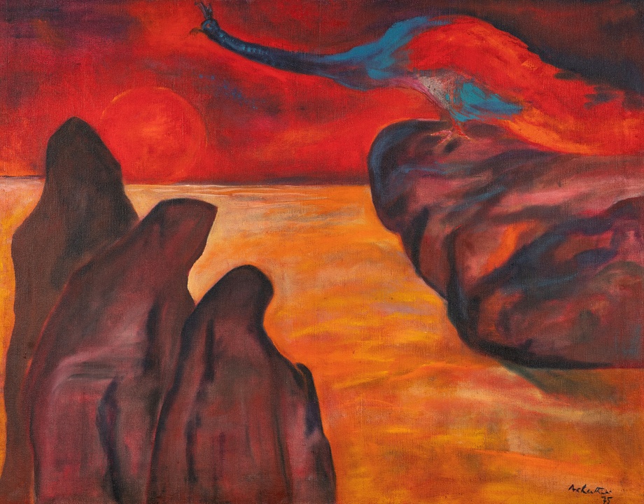 Expressionistic figurative painting with a peacock on a cliff