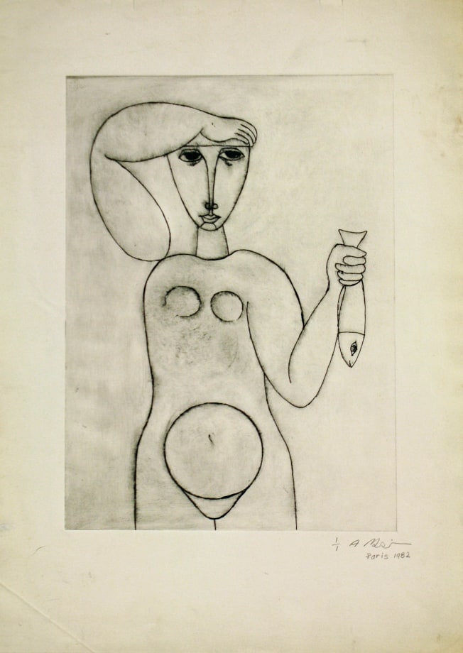 Ahmed Morsi, Untitled (Figure holding Fish),&nbsp;1982,&nbsp;Etching on zinc plates,&nbsp;13.5 x 10 in