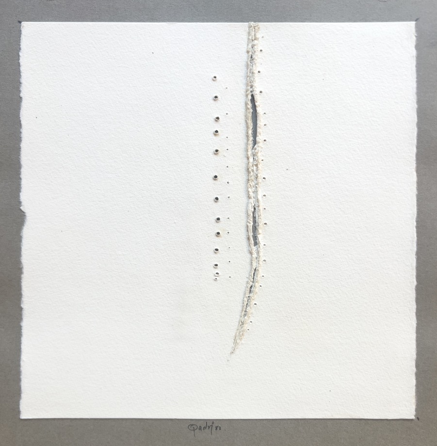 Sohan Qadri, Untitled (White with Vertical Rip and Vertical Holes), 1982, Perforations on cut paper, 7 ¾ x 7 ¾ in (19.7 x 19.7 cm), QADSO022
