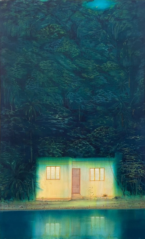 a house in bright yellow an green color in the middle of the paper with the reflection on the water below and surrounded by the trees