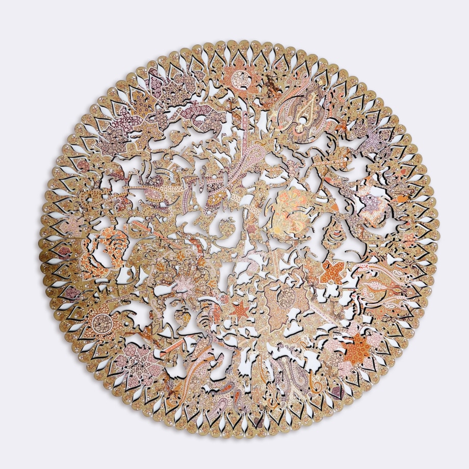 brown tone of flowers and patterns are hand painted on the circular shape of the MDF wood