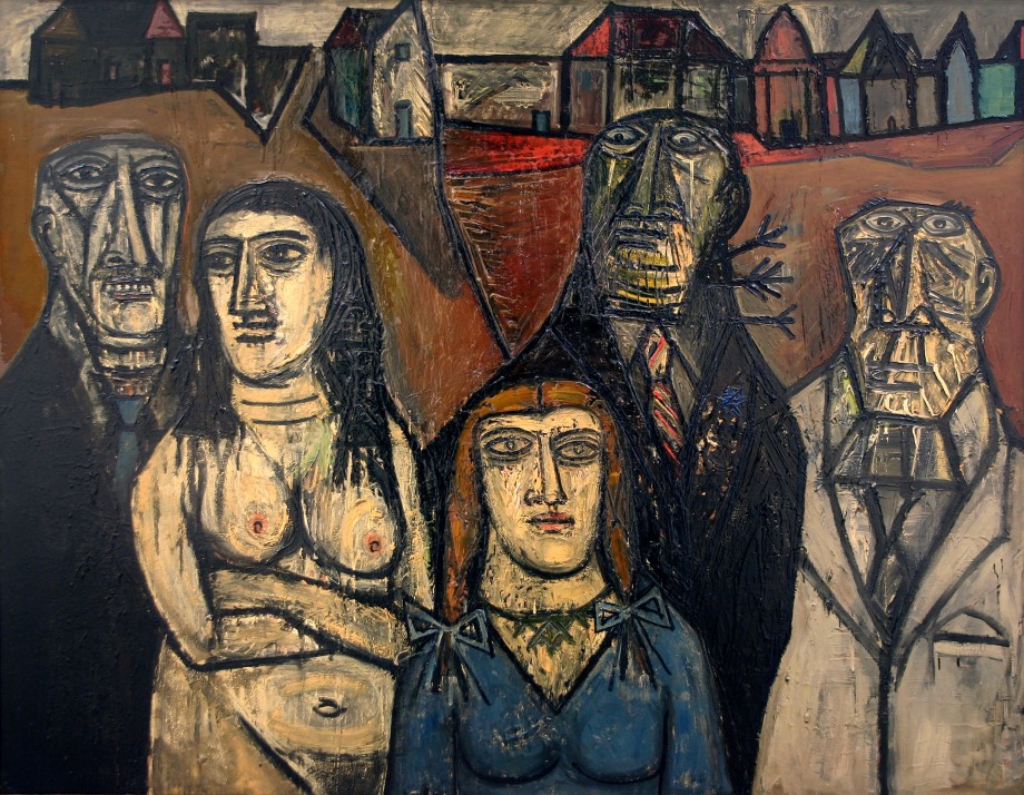 Figurative painting of five people in front of a geometric landscape