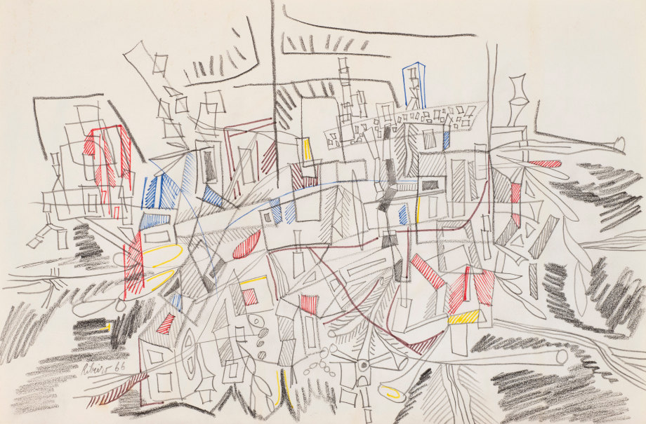 felt-tip marker and crayon townscape drawing on paper